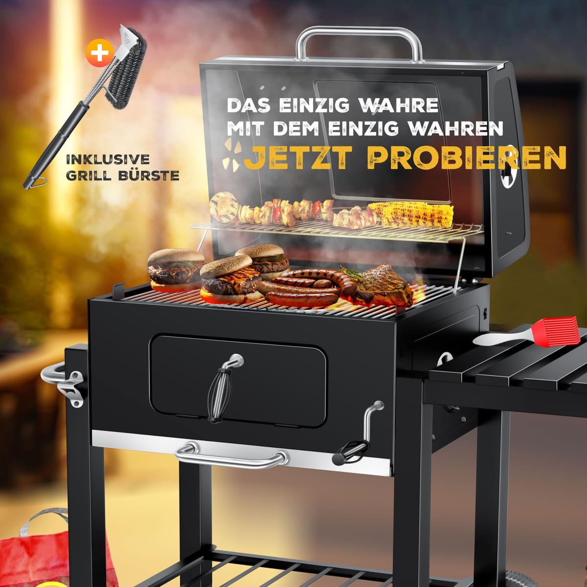 KESSER® Parilla de Carbón con Carrito Grill con Tapa, Ruedas, Mango de Acero Inoxidable | Barbacoa, Cepillo, Cubierta y Termómetro Carbón Wagen Grande BBQ Barbacoa Camping, Jardín XL Negro — view 2