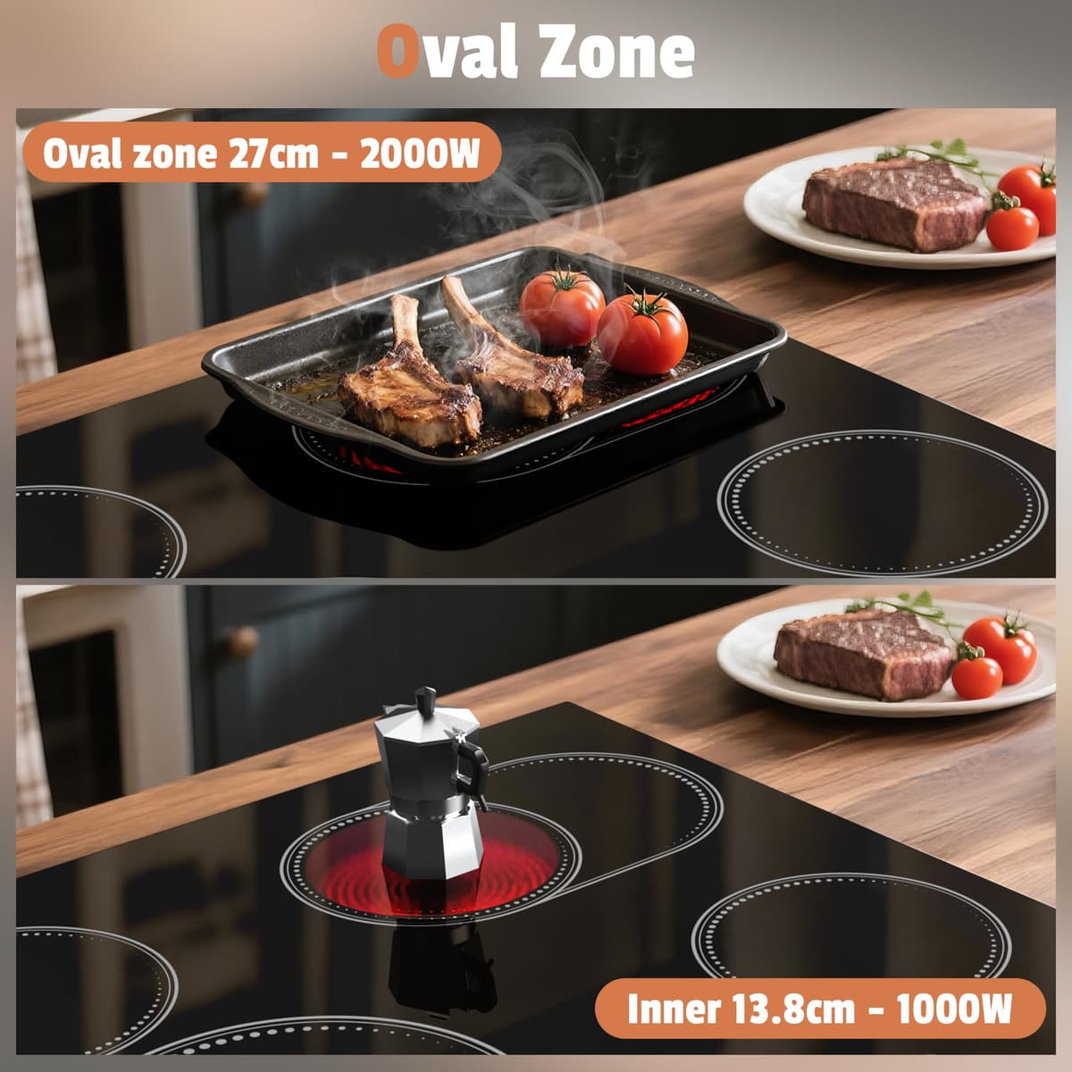 Electric Hob 60cm, 4 Zone Ceramic Hob 6600W, Built-in 60cm Electric Ceramic Hob with Oval Zond and Double-ring burner, 99 Mins Timer, No Plug — view 5