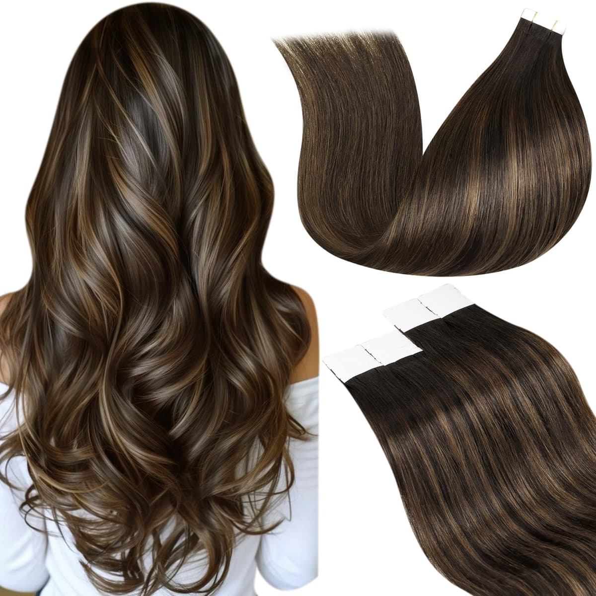 LaaVoo Tape in Hair Extensions Human Hair Blonde Tape Hair Extensions Real Human Hair Invisible Tapes Remy Straight Balayage Brown to Blonde Hair Double Sided Tabs 20pcs 50g 16 Inch #8/18/60 — view 121