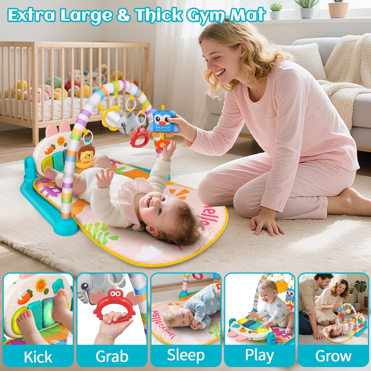 nicknack Gimnasio Bebé con Piano Musical, Manta de Actividades Bebé - Alfombra Juegos Juguetes Sensoriales con Kickin' Tunes, Luces y Sonidos, Desarrollo Infantil Regalo para 0-3-6-12 Meses Bebés — view 2