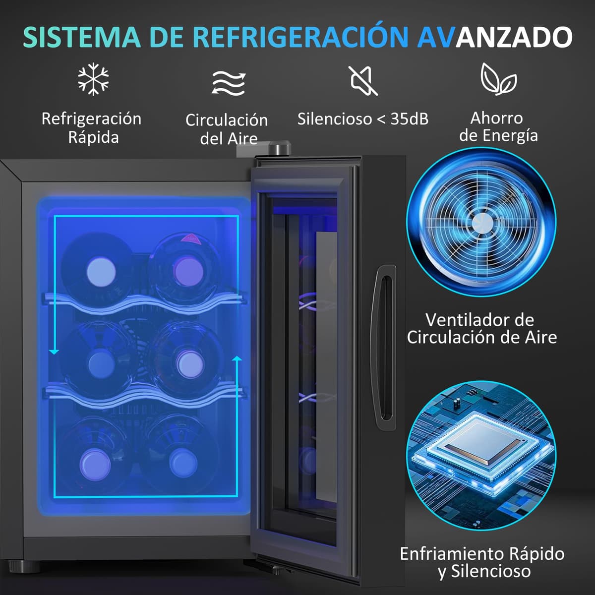 HOMCOM Vinoteca 6 Botellas, Nevera para Vinos con Doble Refrigeración Termoeléctrica, Temperatura Ajustable 8-18℃, Puerta de Vidrio, Anti-UV, Pantalla LED, Luz Interior, Negro — view 3