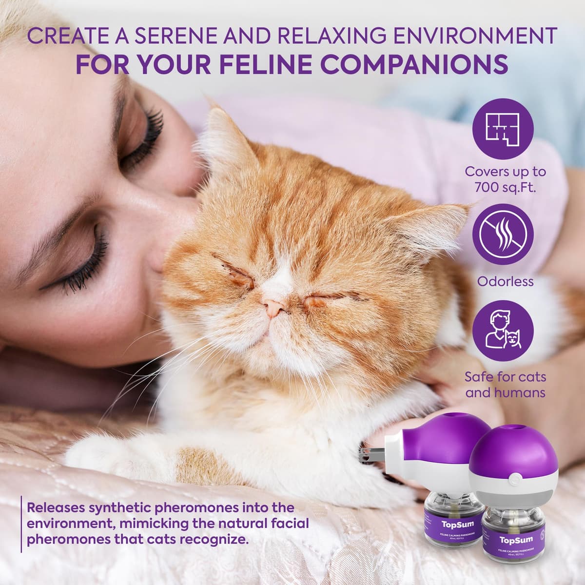 TopSum Cat Calming Pheromone Diffuser: Feline Pheromones Plug in for Stress, Along At Home, Spraying, Fighting, Scratching, Aggression & Excessive Meowing (Purple) — view 4