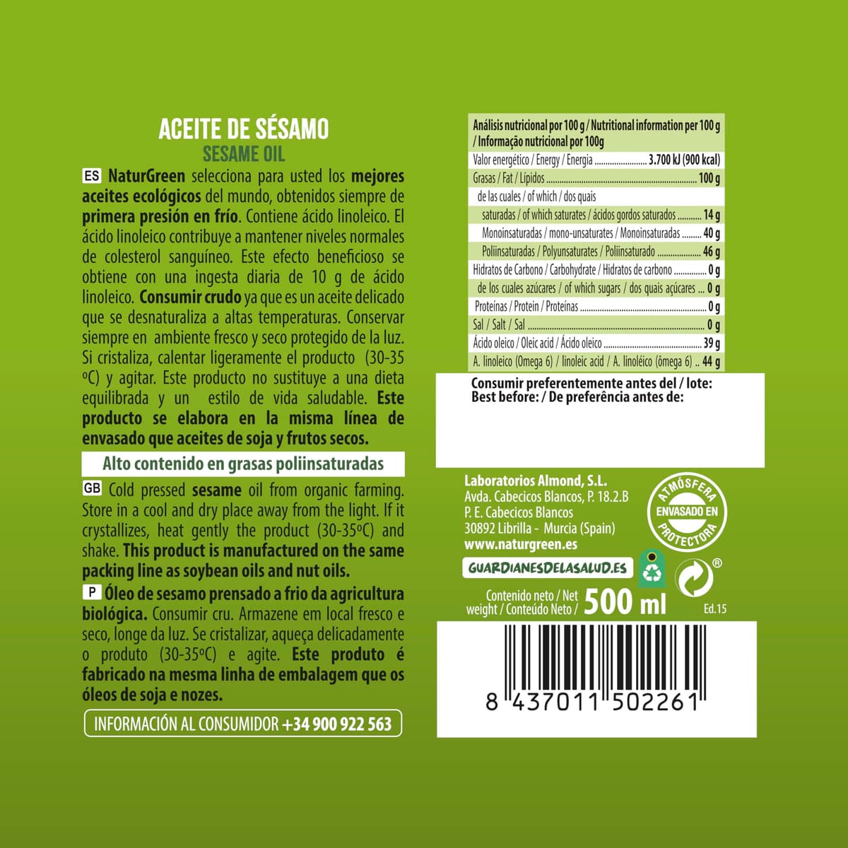 NaturGreen Aceite de Sésamo, 500ml (Bio) — view 5