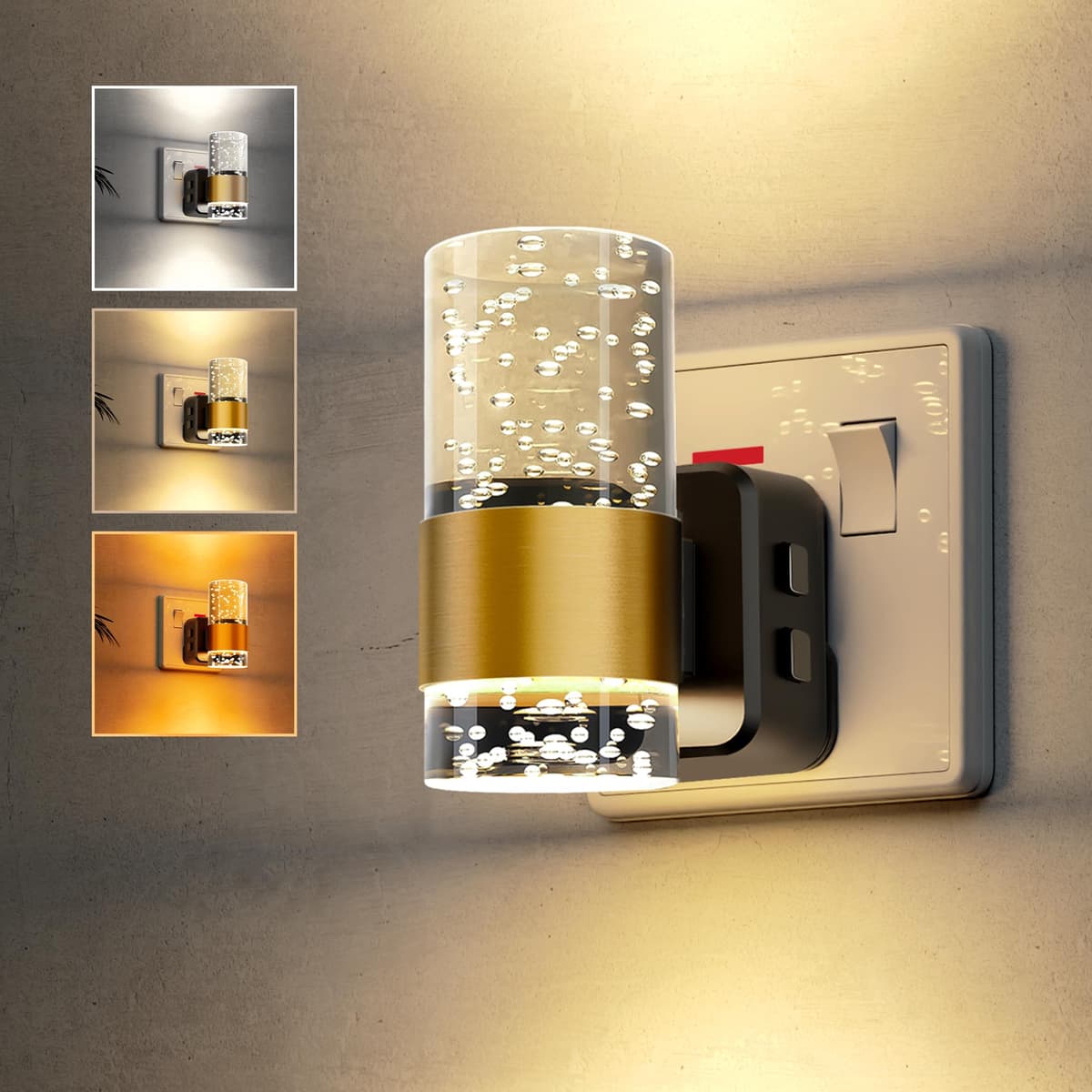 LOHAS-LED Night Light, Dusk to Dawn Sensor Night Light Plug in, Amber/3000k/5000K Adjustable Color Temperature, 3 Brightness Levels, Acrylic Modern Nightlight for Hallway, Stair, Bedroom,1 Pack