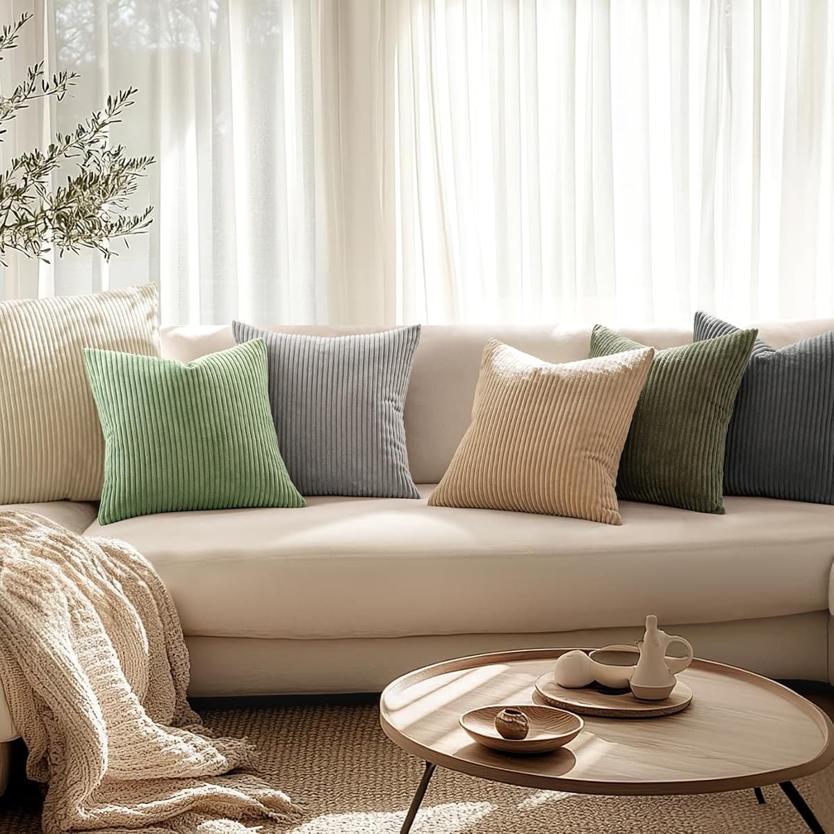 MIULEE Set of 2 Striped Corduroy Square Throw Pillow Case Soft Cushion Covers Sham Home for Sofa Couch/Bedroom Decorative Fluffy Large Pillowcases 18x18 Inch 45x45cm Sage Green — view 5