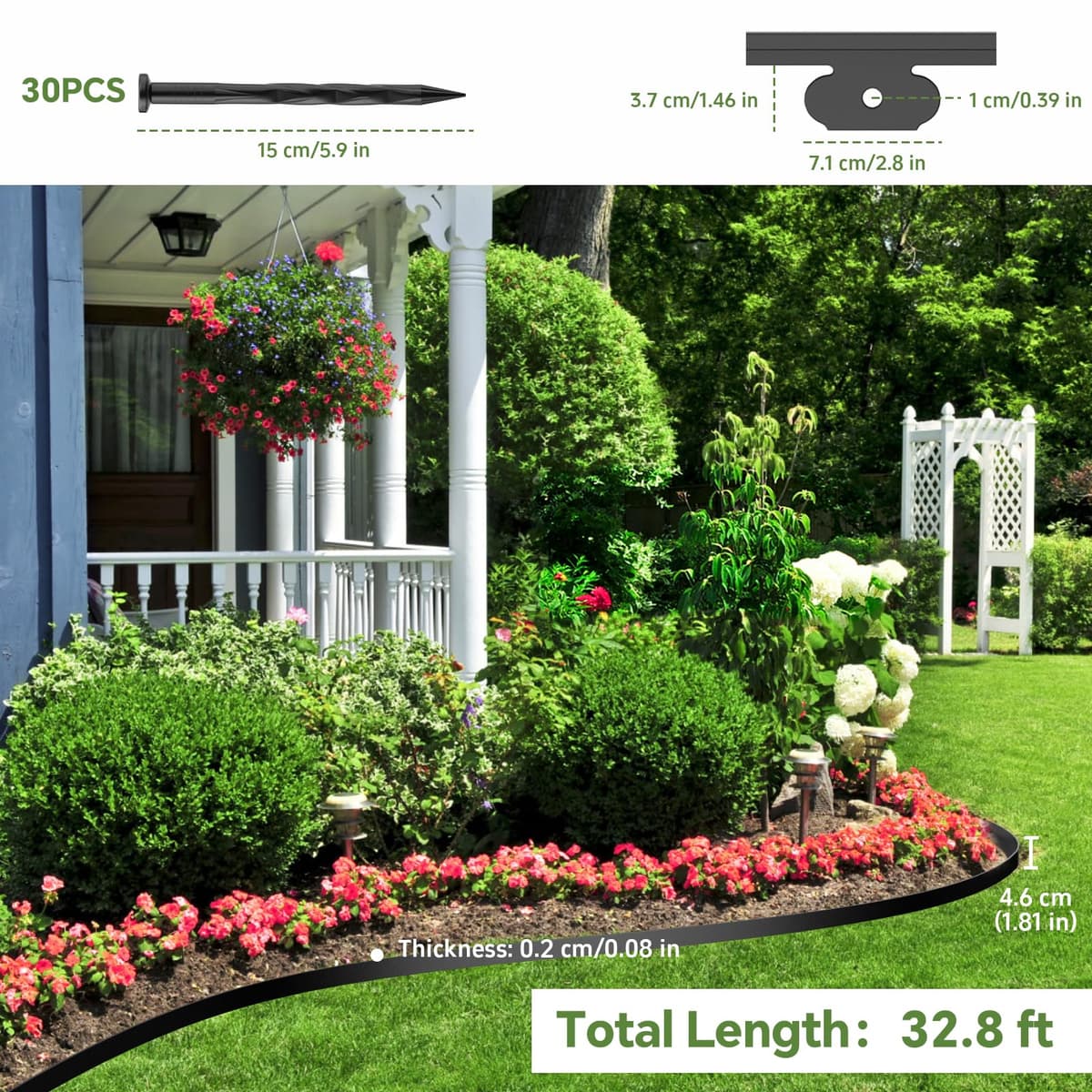 Lawn Edging, 10m Garden Edging Border with 30 Pegs, Plastic Garden Borders Edging with 4.6cm High, Flexible for Grass Edging, Flower Beds Edging, Lawns and Pathway, Black — view 3