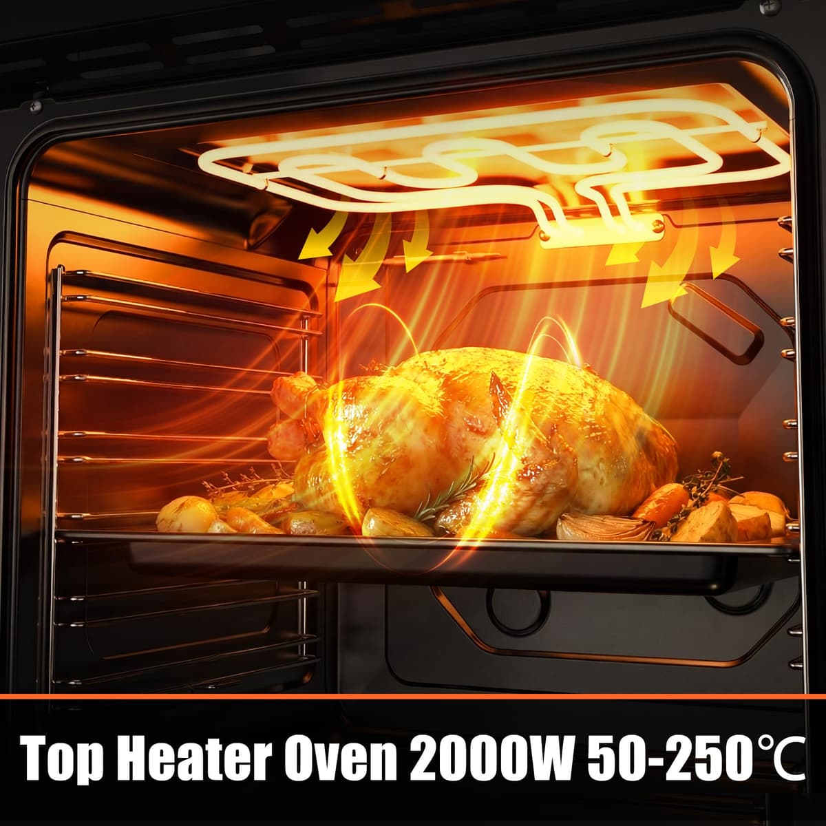 65L Built in Oven, 2000W Electric Single Oven Built in with Single Upper Tube, 4 Cooking Functions, 50℃-250℃ Knob Control, Detachable Door & Racks, Light, 6-Layer Racks — view 3