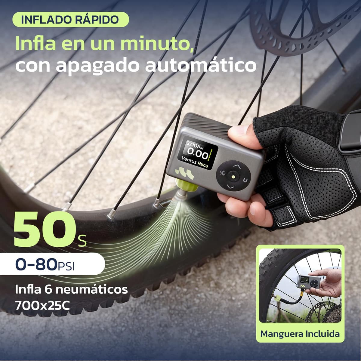Woowind Inflador Bicicletas Inflador Electrico con Manómetro, Inflado Rápido 50s, 120 PSI, Mini Bomba de Aire Bicicleta, con válvulas Presta y Schrader para Todas Las Bicicleta — view 2