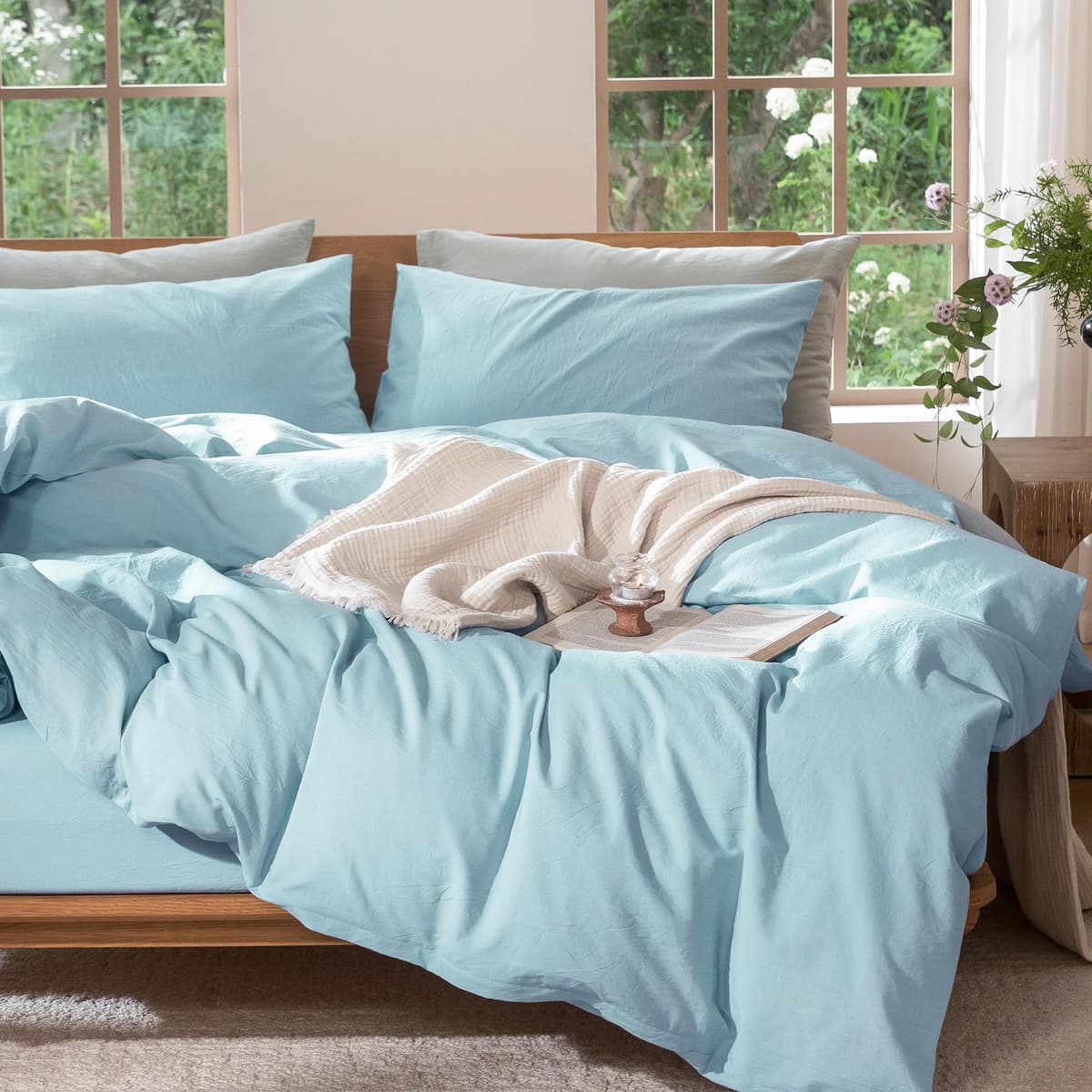 MooMee Bedding Duvet Cover Set 100% Washed Cotton Linen Like Textured Breathable Durable Soft Comfy (Tannish Linen Grey, King) — view 48