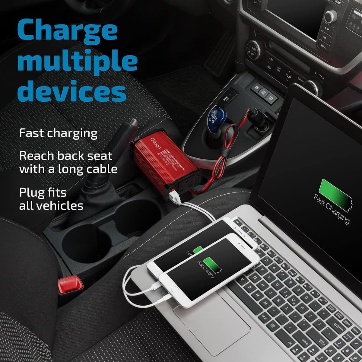 Odoga 300W Car Power Inverter 12V to 240V / 230V Converter, USB-A and USB-C 3A Charging Ports - Charge Your Laptop, iPad, iPhone, Tablet, Consoles & More - Durable and Powerful - Red Aluminum Body — view 4