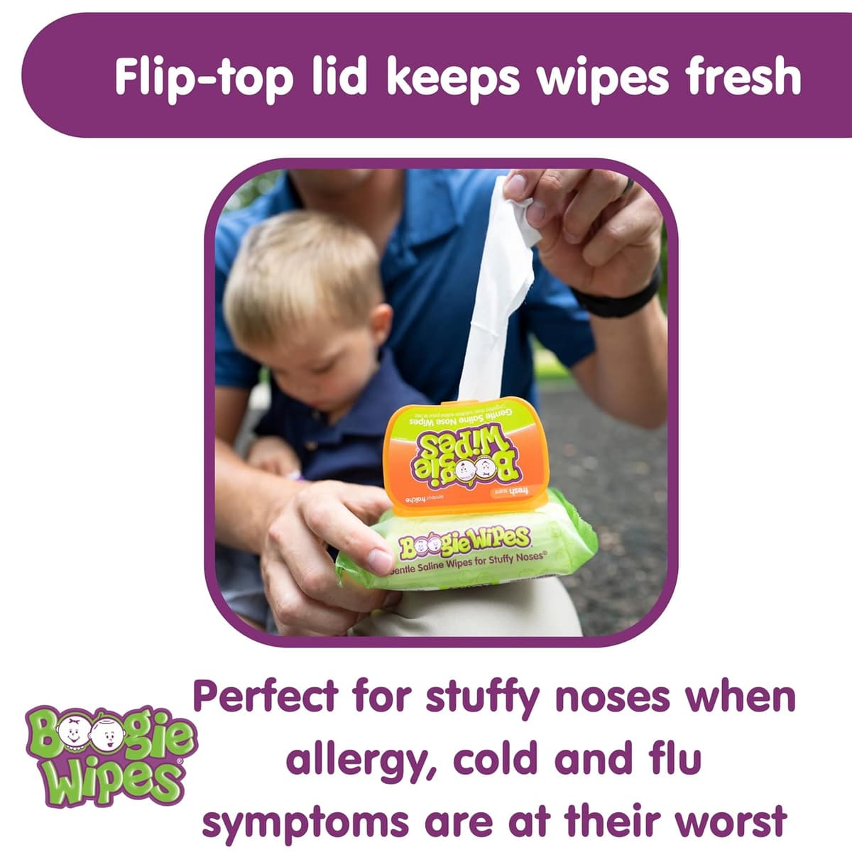 Boogie Wipes Gentle Saline Nose Wipes - 360 Count - Fresh Scent, Hypoallergenic & Alcohol-Free - Allergy Relief - Made with Natural Saline, Aloe, Chamomile & Vitamin E - Diaper Bag Essential — view 3