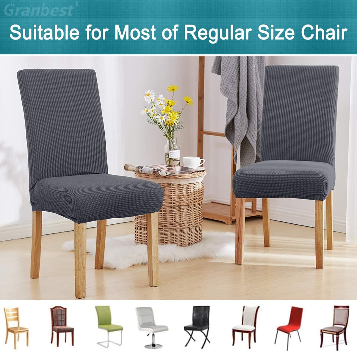 Granbest High Stretch Dining Chair Slipcovers, Universal Fit Jacquard Parson Dining Chair Covers, Removable Chair Protectors for Dining Room, Kitchen, Restaurant and Hotel (Set of 4, Grey) — view 5