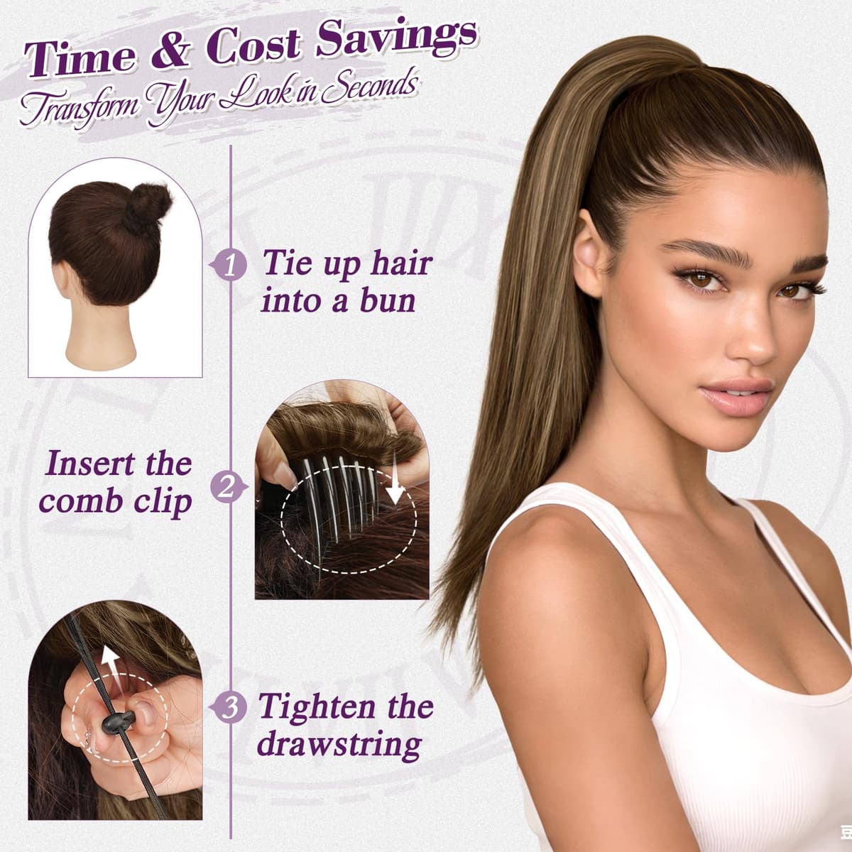 BARSDAR Straight Drawstring Ponytail Extension - 16 Inch Short Straight Ponytail Extension Natural Soft Synthetic Cheer Posh Pony Tails Hairpieces Daily Party Cheer Competition, Brown with Blonde — view 4