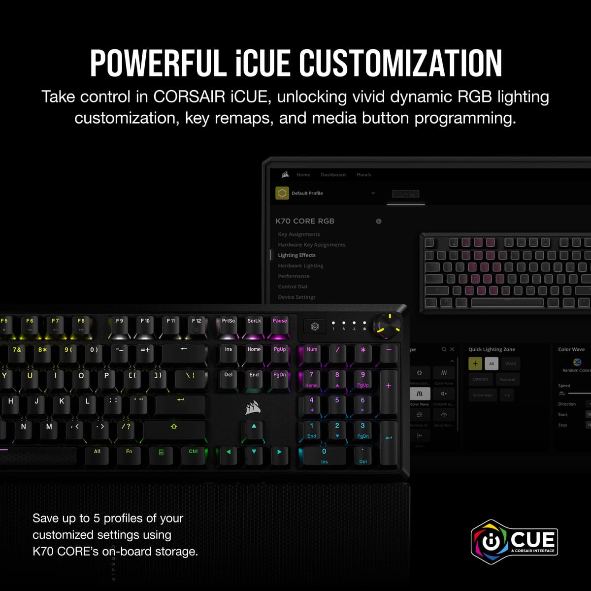 CORSAIR K70 CORE RGB Mechanical Wired Gaming Keyboard with Palmrest – Pre-Lubed MLX Red Linear Switches, SOCD, ABS Painted Keycaps, Sound Dampening, Media Control Dial, QWERTY UK – Black — view 7