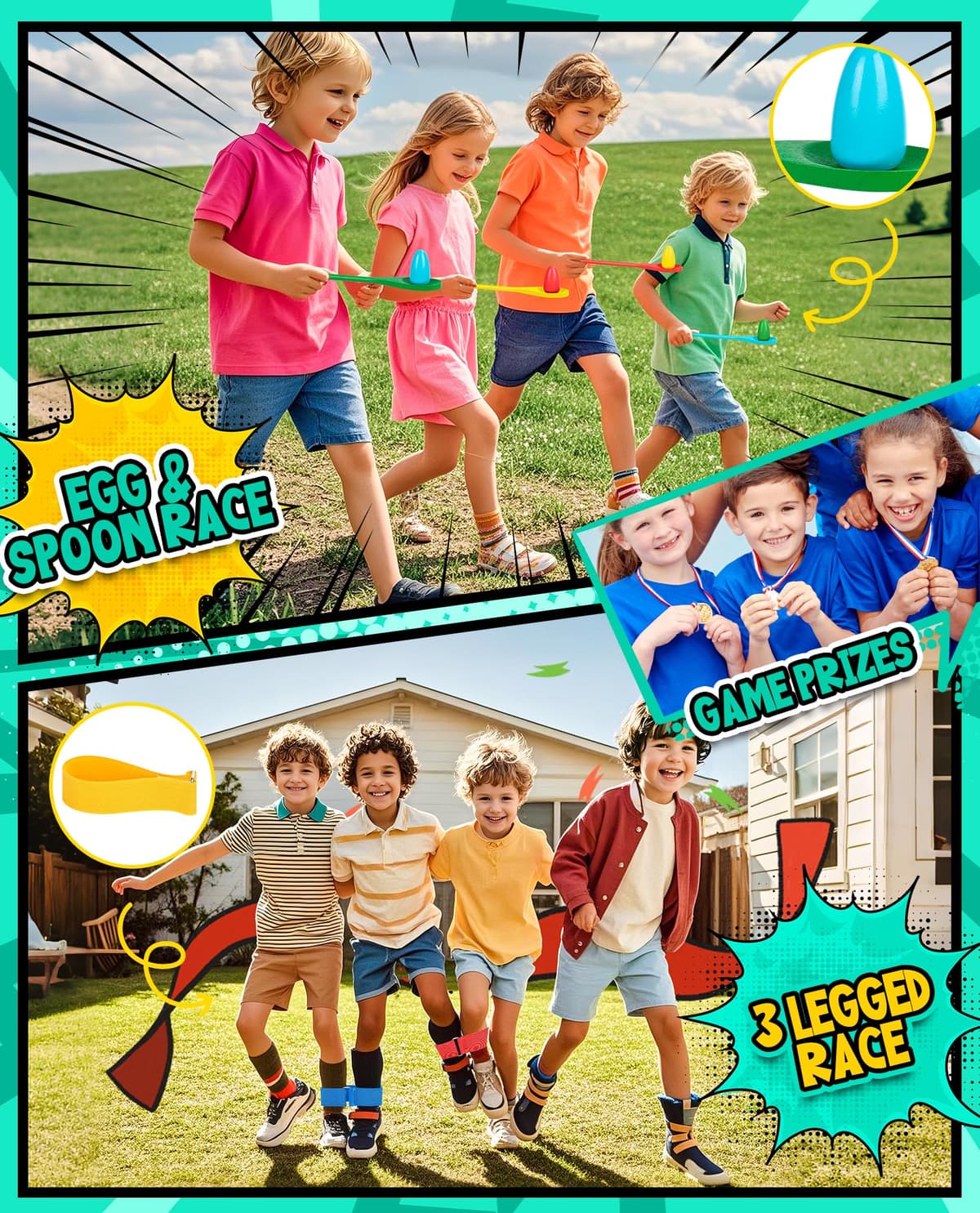 Eocolz Outdoor Carnival Games, Potato Sack Bags for Kids Adults, Egg Spoon Relay Race, 3 Legged Race Bands, Catch Tail Games, Birthday Party, Field Day Family Day Yard Lawn Easter Fall Festival Games — view 3