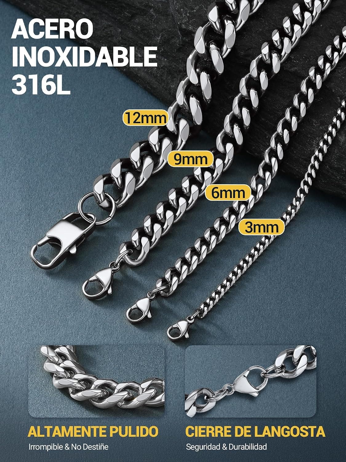 PROSTEEL Collar de Cadena Cubana 3mm/6mm/9mm/12mm Ancho y 36-76cm de Longitud Opcional Acero Inoxidable Chapado en 18K/Metal  — view 5