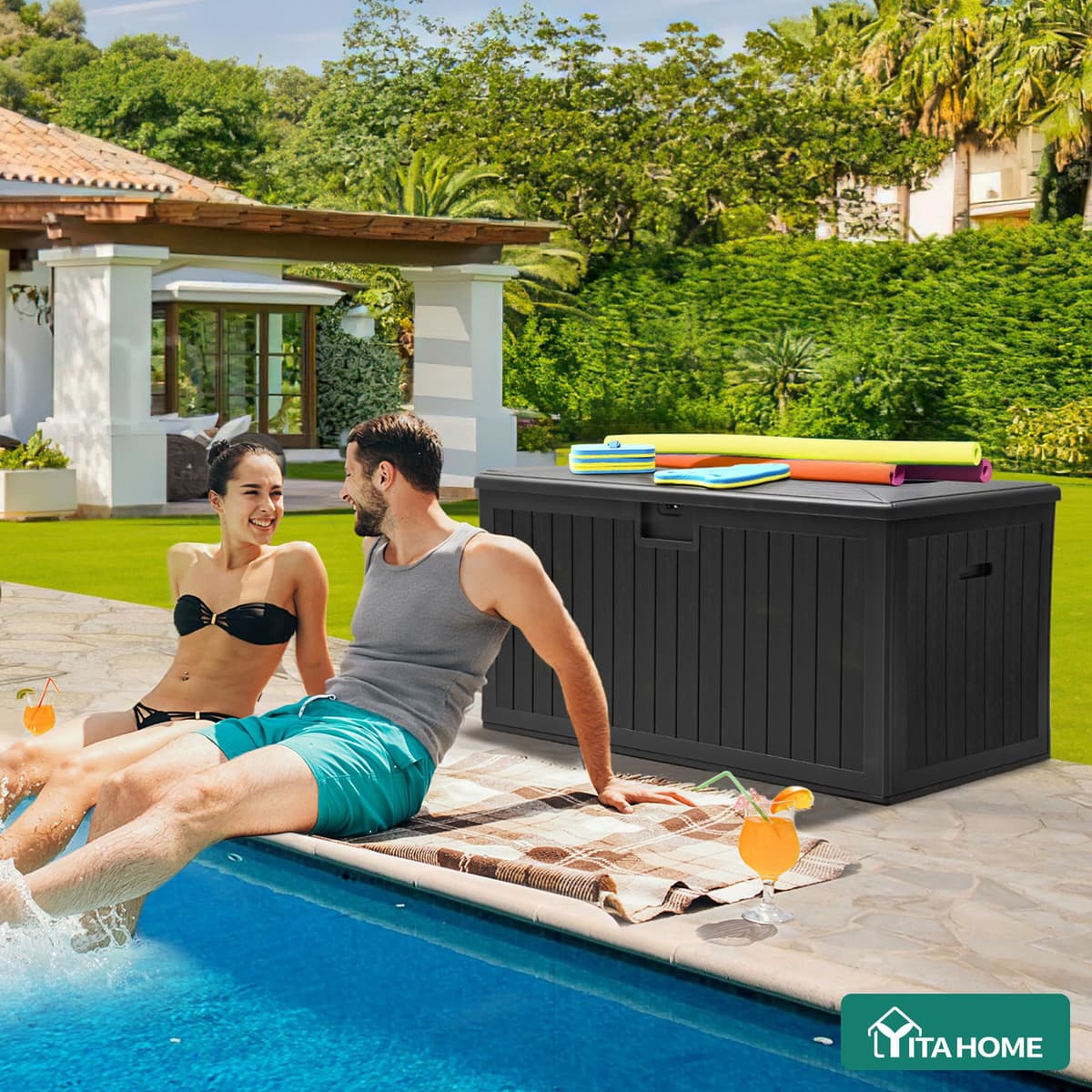 YITAHOME Garden Storage Box Outdoor 567.8L, Heavy-Duty Waterproof Resin Deck Box with Lockable Lid, All-Weather Storage Bench for Patio Furniture, Cushions, Pool & Garden Tools, Black — view 2