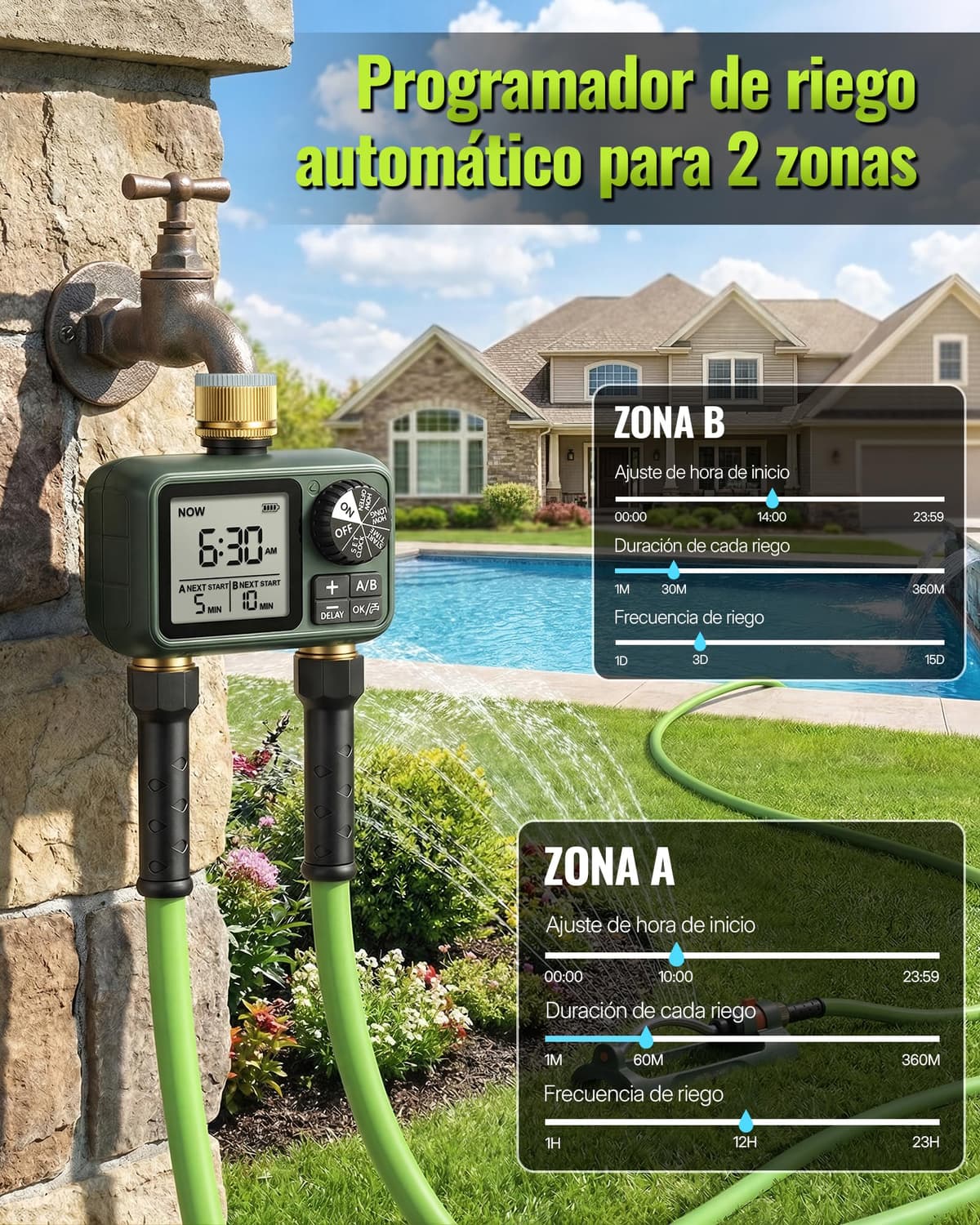 2 Valve Irrigation Programmer, Automatic Irrigation Computer, Timer for Garden Hose Tap, Rain Delay Function, Patio and Lawn, Dark Green — view 8