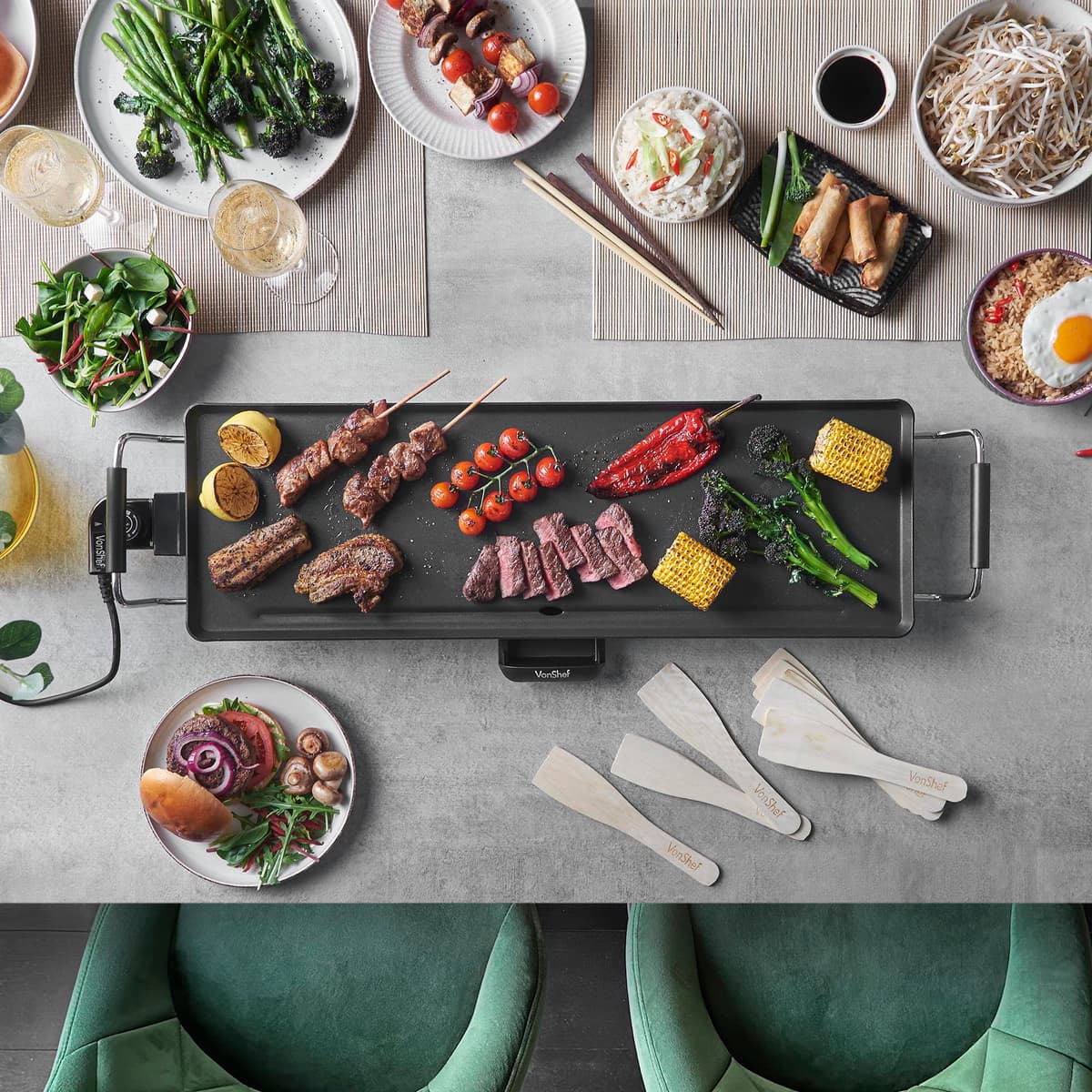 VonShef Teppanyaki Grill XL - 2000W Electric Griddle with Non-Stick Plate, Easy Clean BBQ Table Top Grill, Adjustable Temperature, Oil Drip Tray & 8 Spatulas - Meat, Vegetables & Fish, 70x23x10cm — view 5