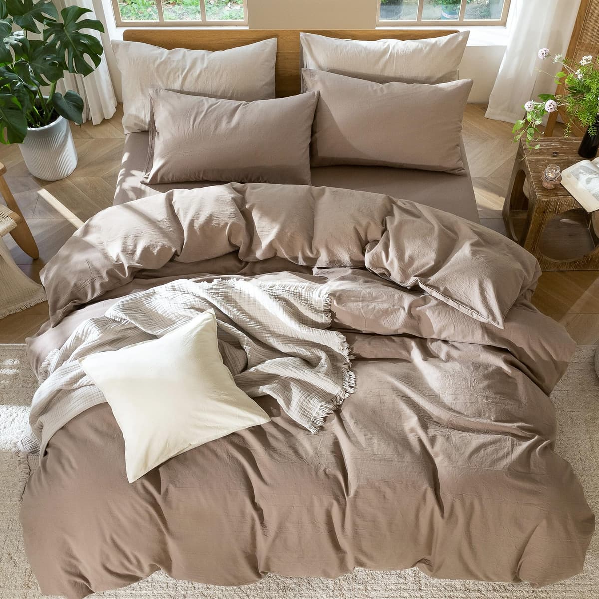 MooMee Bedding Duvet Cover Set 100% Washed Cotton Linen Like Textured Breathable Durable Soft Comfy (Tannish Linen Grey, King) — view 248