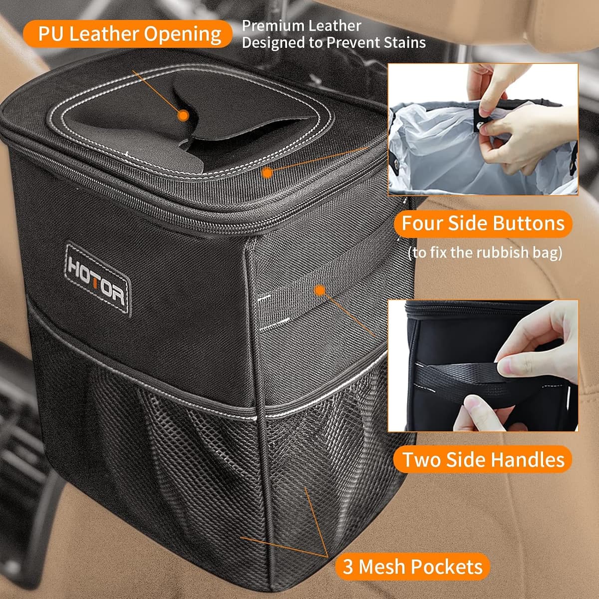HOTOR Car Bin: Leak-Proof, Foldable, Waterproof Interior Accessory With Lid, Adjustable Straps and Multiple Pockets — view 4