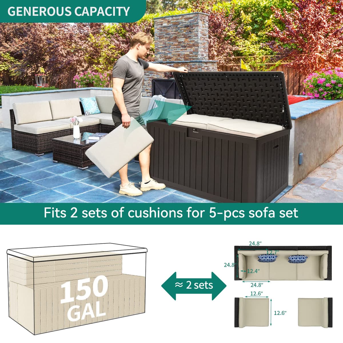 YITAHOME Garden Storage Box Outdoor 567.8L, Heavy-Duty Waterproof Resin Deck Box with Lockable Lid, All-Weather Storage Bench for Patio Furniture, Cushions, Pool & Garden Tools, Brown — view 7
