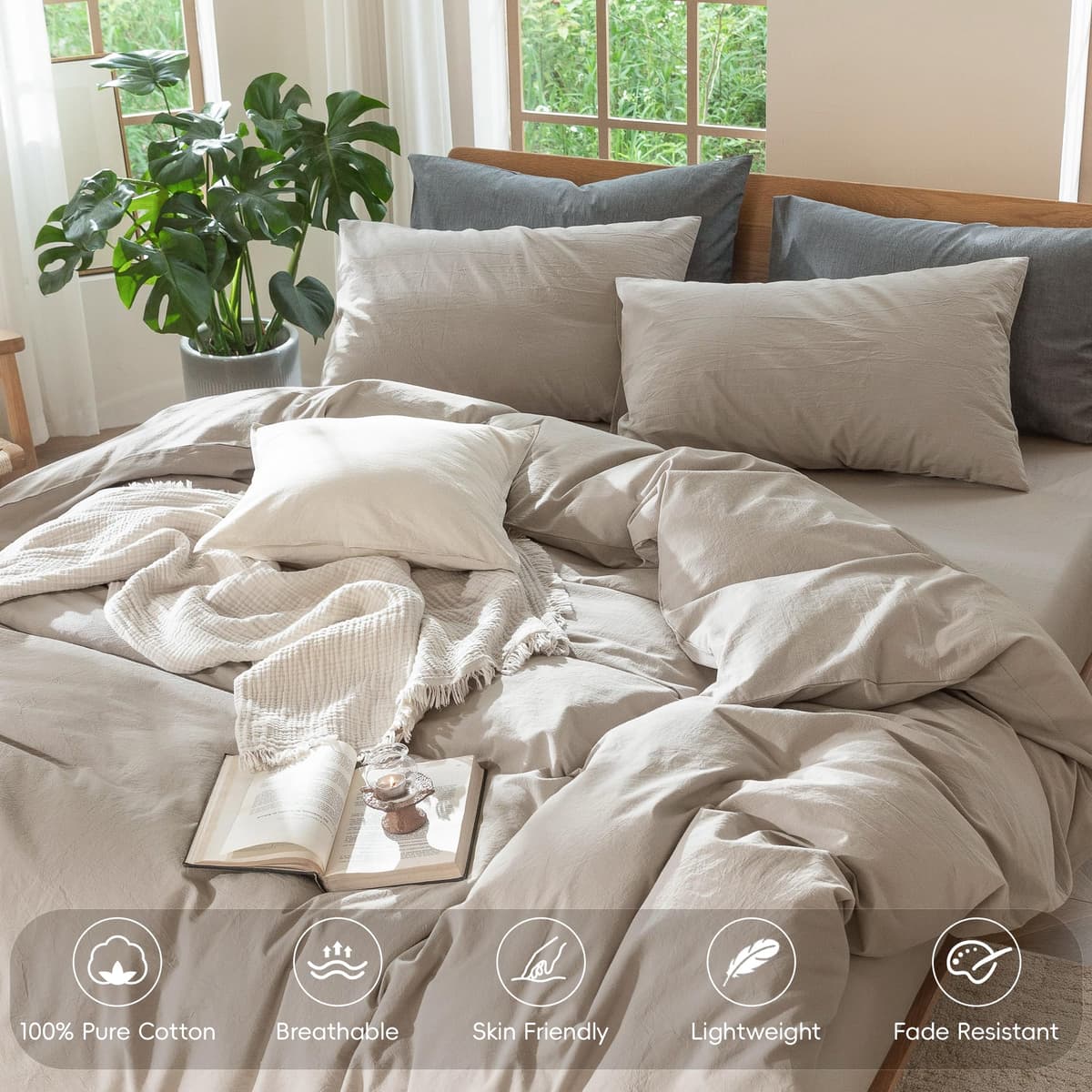 MooMee Bedding Duvet Cover Set 100% Washed Cotton Linen Like Textured Breathable Durable Soft Comfy (Tannish Linen Grey, King) — view 94