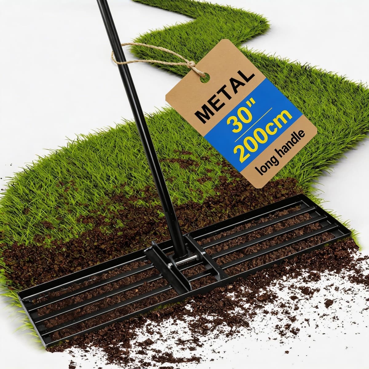 Lawn Levelling Rake, 76cm x 25cm Heavy Duty Metal Leveller with 200cm Ergonomic Long Handle, Gardening Tool for Smoothing and Leveling Uneven Lawn Surfaces Levleler