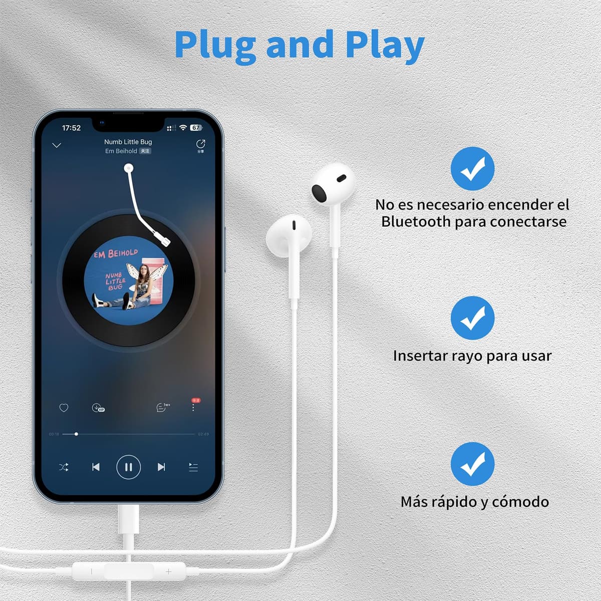Auriculares In Ear para iPhone,Cascos con Aislamiento de Ruido Soporte Control de Volumen de Llamadas,Compatible con iPhone 14/14 Pro/13/13 Pro/12/11 Pro/7/8 Plus/XS/XR/X Soporta Todo el Sistema iOS — view 2