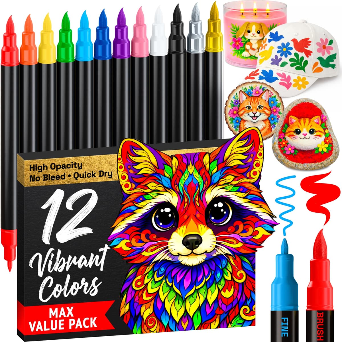 ARTISTRO 5 Black Acrylic Paint Pens – Dual Tip (Brush & Fine) Markers for Fabric, Canvas, Rock, Glass, Wood – Calligraphy, Scrapbook Supplies DIY & Gift for Kids, Teens - Art Set — view 19