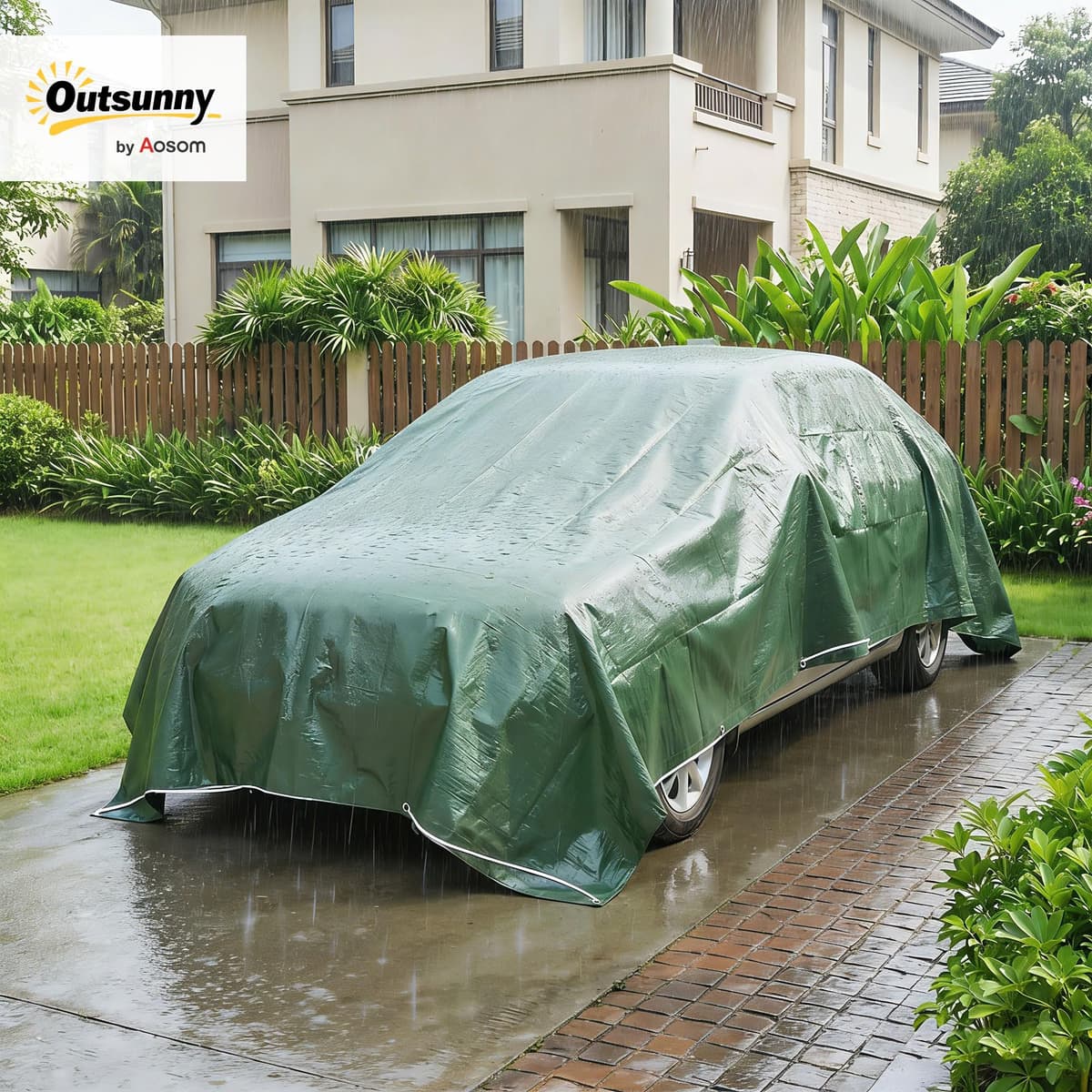 Outsunny Lona Impermeable Exterior 4x6 m, Toldo PE Resistente a Rasgaduras 90 g/m², Protección UV, con Ojales Reforzados para Leña, Muebles de Jardín, Invernaderos, Vehículos, Verde — view 2