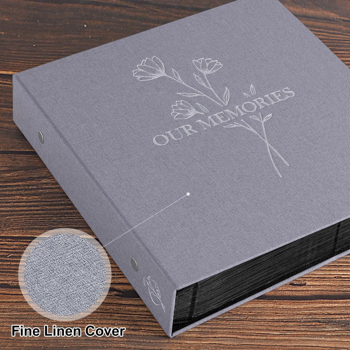 Lanpn Lino Album de Fotos 10x15 600, OUR MEMORIES Tapa Dura Grande Album para Photos Bolsillos Verticales Horizontal Gris — view 3