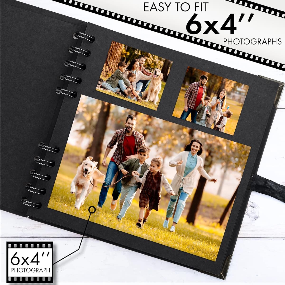 Bstorify Square Scrapbook Photo Albums 36 Pages (18 x 18 cm) Black Thick 250gsm Kraft Paper Scrap Book, Ribbon Closure - Idea — view 3