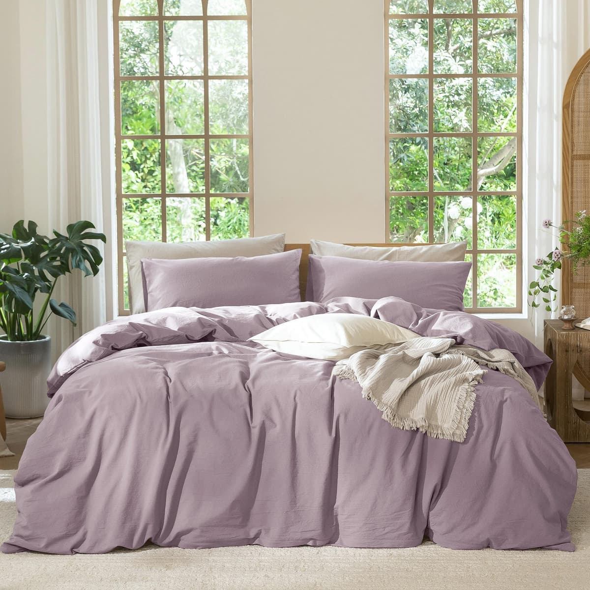 MooMee Bedding Duvet Cover Set 100% Washed Cotton Linen Like Textured Breathable Durable Soft Comfy (Tannish Linen Grey, King) — view 111