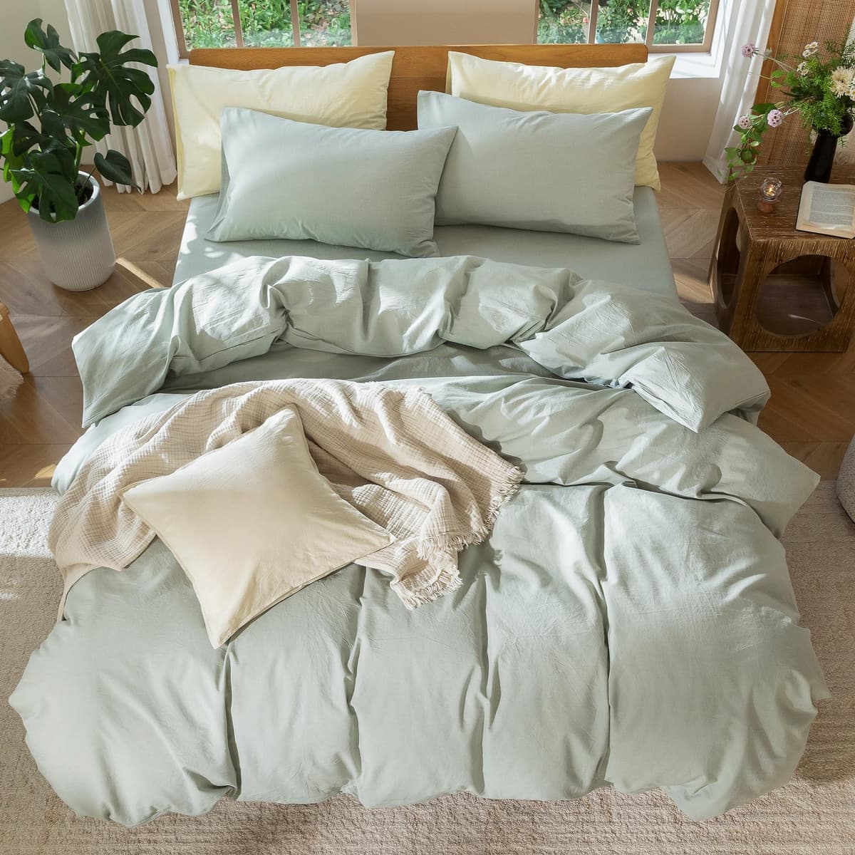MooMee Bedding Duvet Cover Set 100% Washed Cotton Linen Like Textured Breathable Durable Soft Comfy (Tannish Linen Grey, King) — view 161
