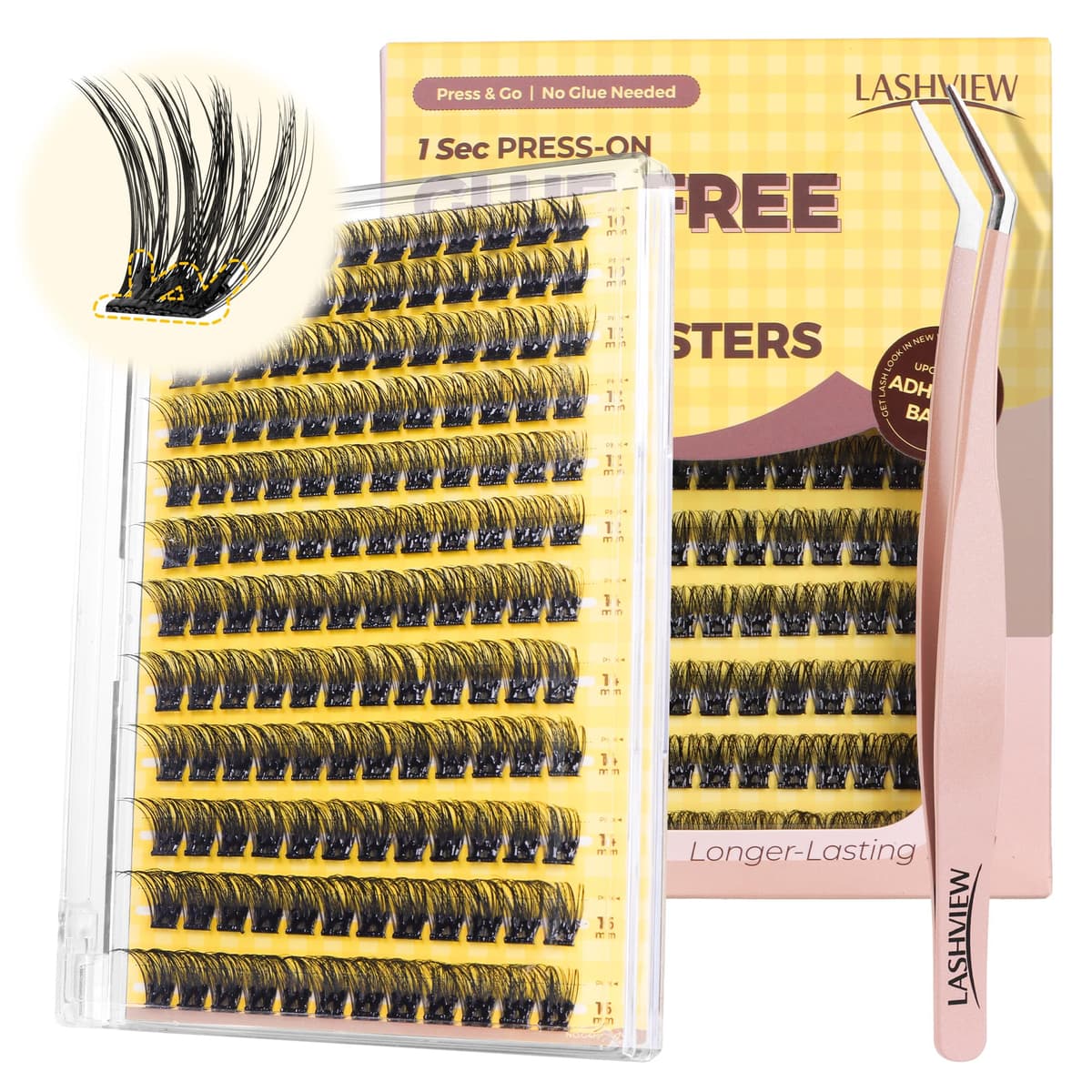 LASHVIEW Self Adhesive Lashes Clusters Eyelashes, 5+ Days Wear Press-on Lashes 10-16mm Individual Lash Extension Kit with Tweezers, No Glue Needed Natural DIY Kit (ZNF23) — view 14