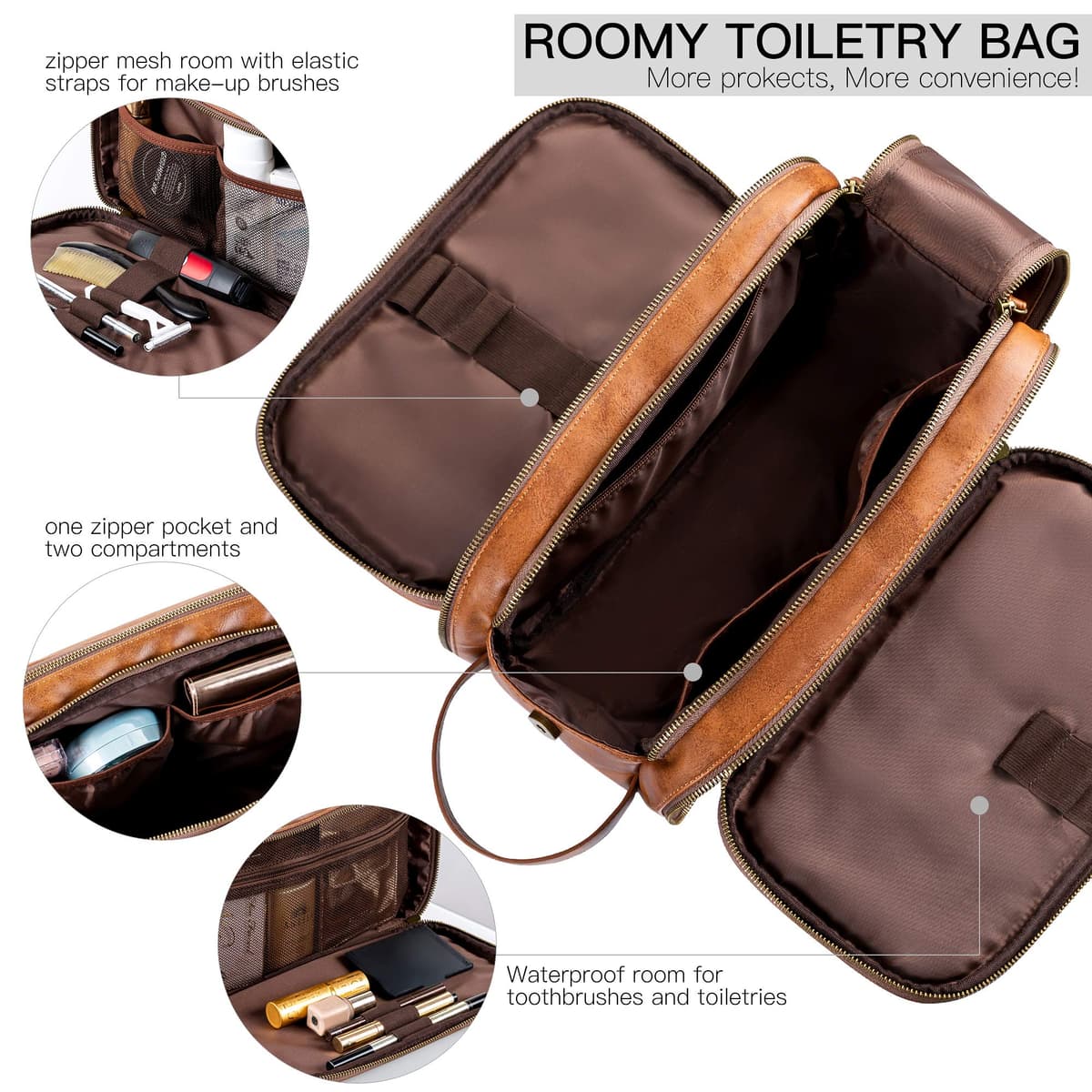 Elviros Water-Resistant PU Leather Toiletry Bag for Men Large Travel Wash Bag Shaving Dopp Kit Bathroom Gym Toiletries Makeup Organizer with Wet Dry Bag,Gift for Men — view 2