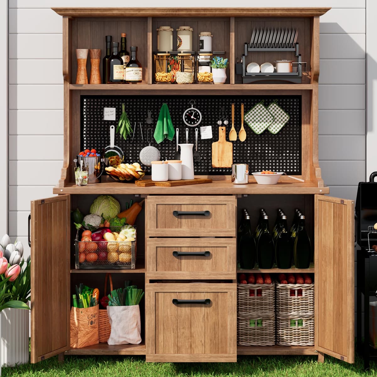 Merax Outdoor Storage Cabinet, Solid Wood, Natural, 120x50x185.1cm, 47kg, Rustic, with 3 Drawers and Metal Pegboard