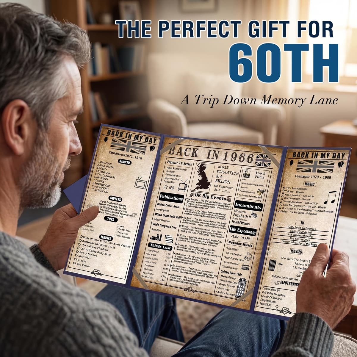 back in 1966 60th Birthday Gifts for Men - Large 60th birthday Card for Dad,Husband - 60 Year Old Blue Decorations Male - Tri-Fold Greeting Card - Perfect 1966 Poster Gift Ideas — view 5
