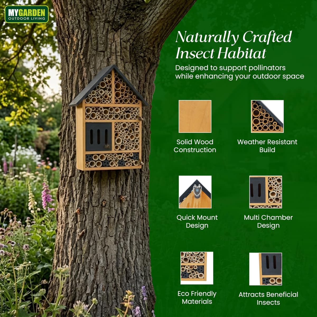 My Garden Insect House for Garden Bees & Butterflies - Outdoor Bug Hotel Shelter, Solid Pine Wood Bee House with Multi Chambers - Weather Resistant Wildlife Habitat, Easy Mount — view 3