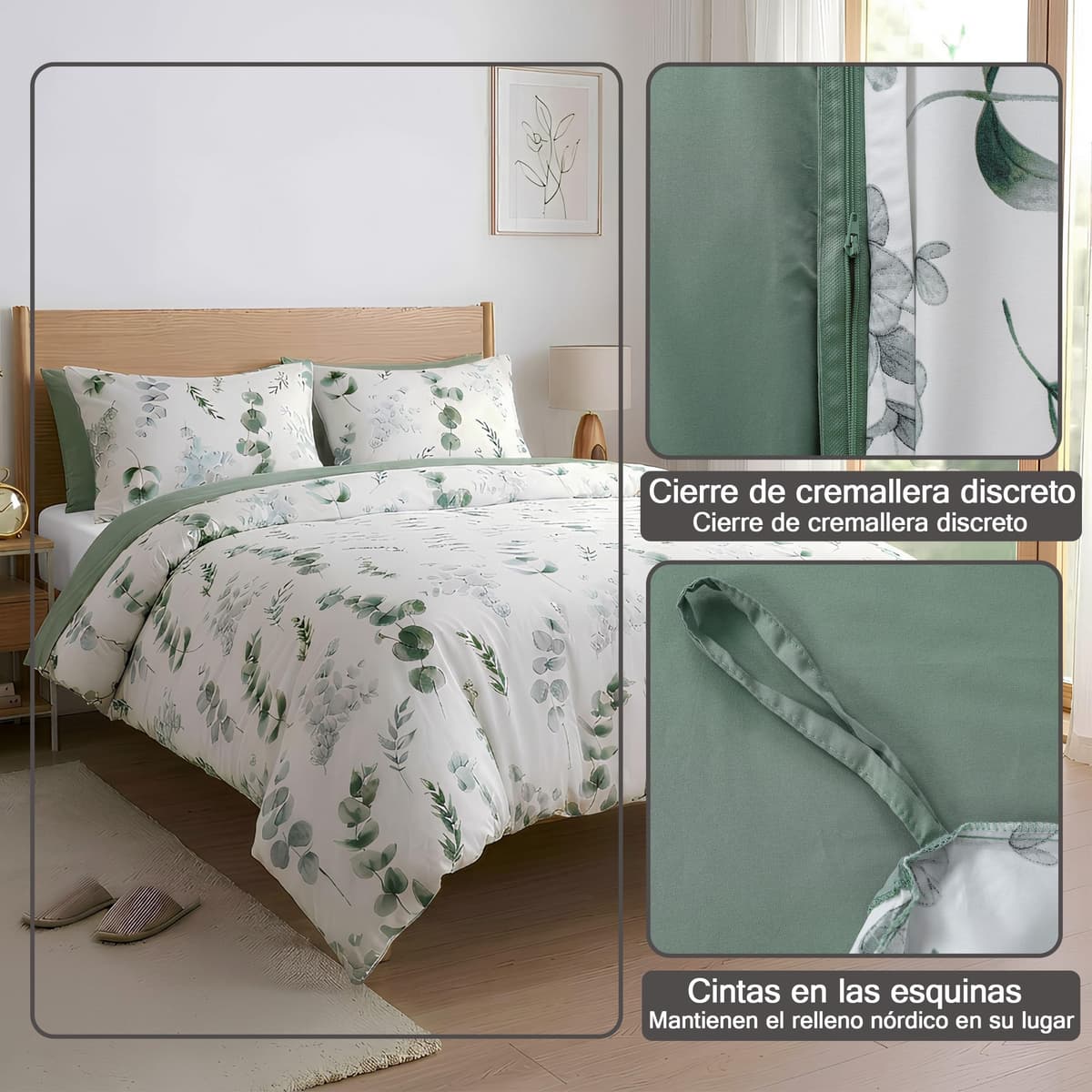 Etrexonline Juego de Funda Nórdica 3 Piezas Cama 135 Microfibra Extra Suave Transpirable - 1 Funda Edredón 220x220 cm y 2 Fundas de Almohada 50x70 cm (Eucalipto) — view 4