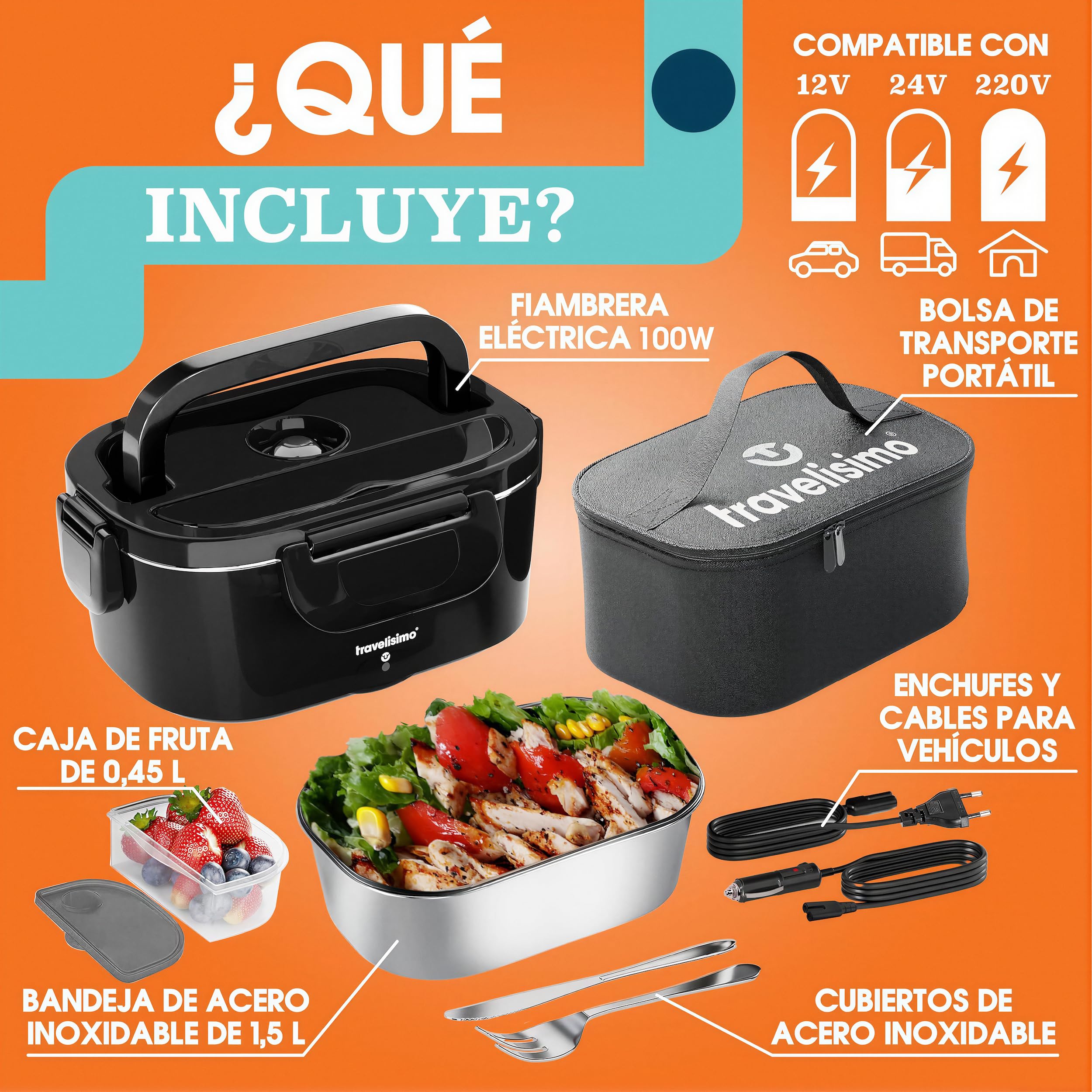 TRAVELISIMO Fiambrera Electrica 100W Taper Electrico para Comida 1,5L Fiambrera Termica 3 en 1 12V/24V/220V - Fiambreras Comida Trabajo Para Coche y Camión, Marmita Electrica en Acero Inoxidable — view 5