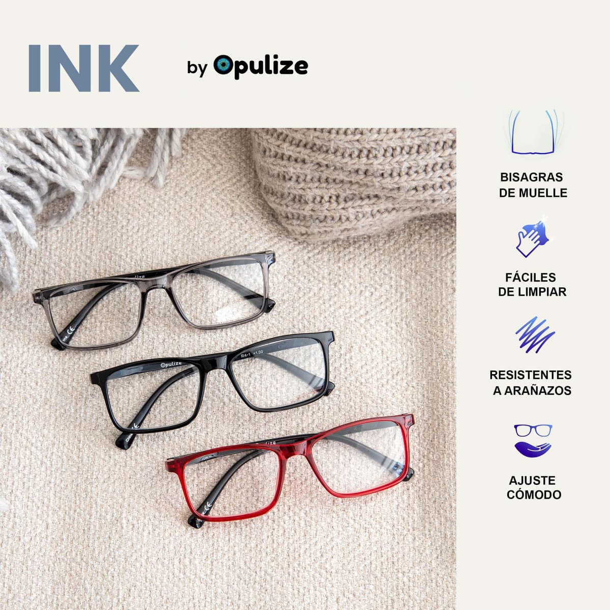 OPULIZE INK Gafas de Lectura - Pack de 3 - Montura Rectangular Grande - Negro Gris Rojo - Hombre Mujer - Bisagras de Muelle - RRR4-17Z - +2.00 — view 4
