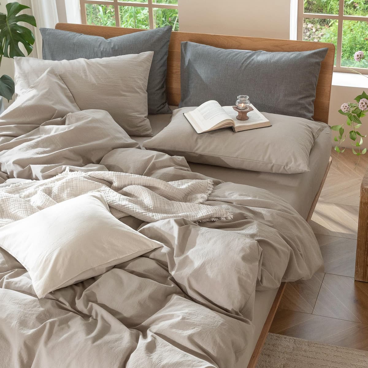 MooMee Bedding Duvet Cover Set 100% Washed Cotton Linen Like Textured Breathable Durable Soft Comfy (Tannish Linen Grey, King) — view 98