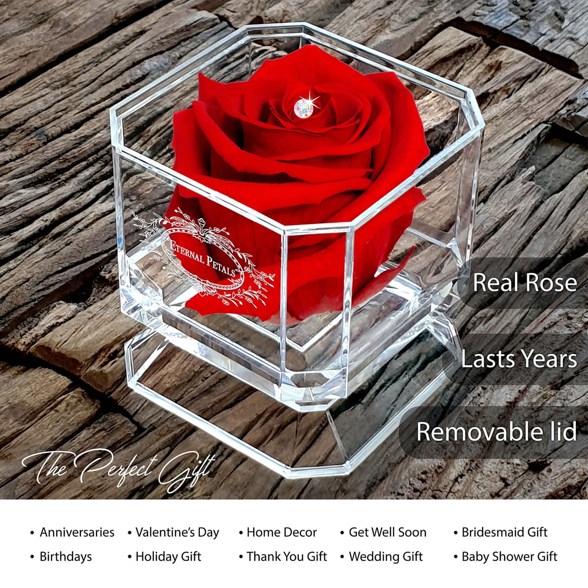 A 100% Real Rose That Lasts Years - Eternal Petals, Handmade in UK – White Gold Solo with A Multicolor Crystal (Red) — view 2