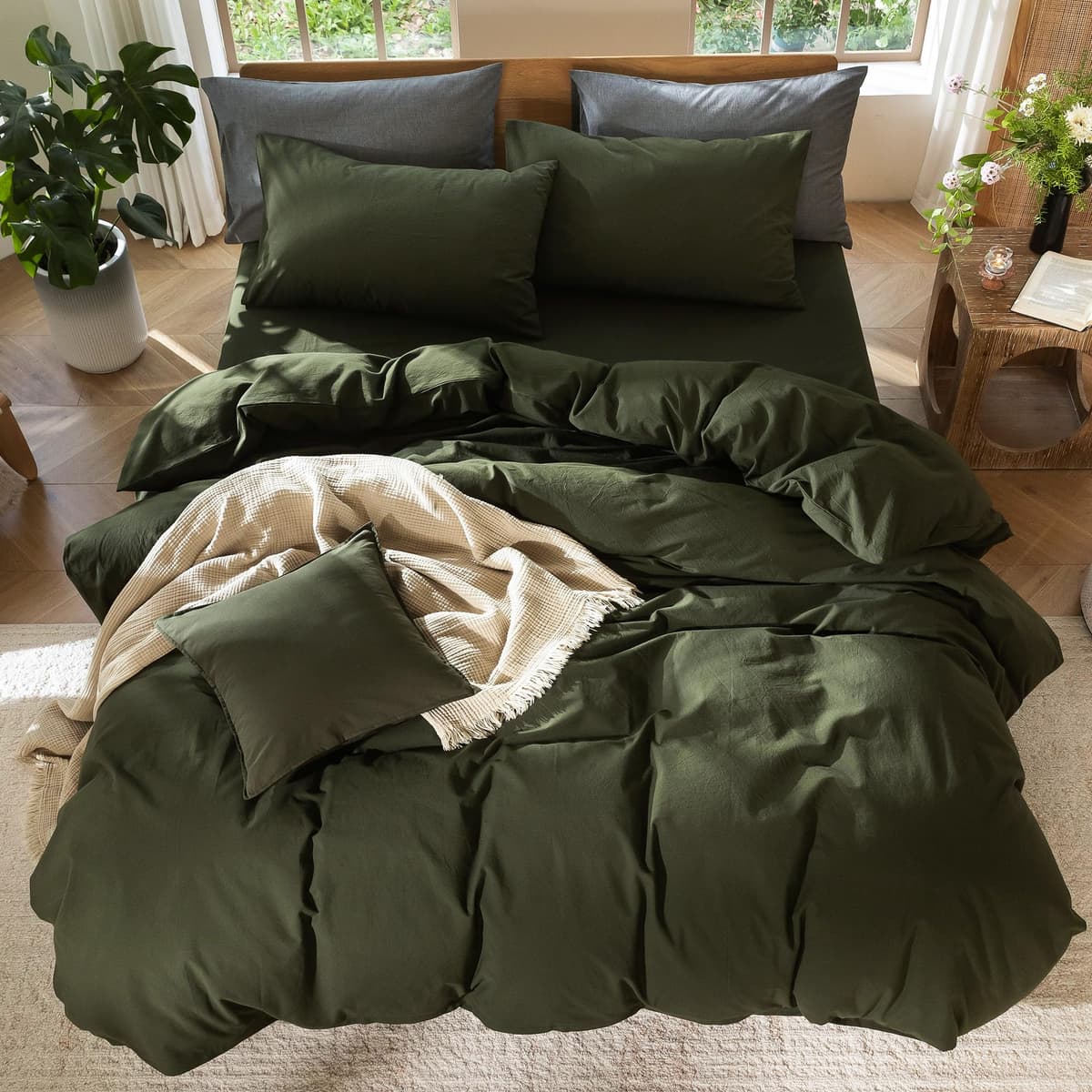 MooMee Bedding Duvet Cover Set 100% Washed Cotton Linen Like Textured Breathable Durable Soft Comfy (Tannish Linen Grey, King) — view 14