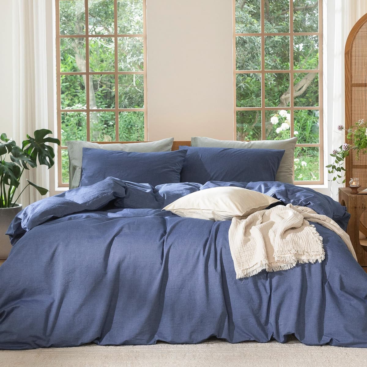 MooMee Bedding Duvet Cover Set 100% Washed Cotton Linen Like Textured Breathable Durable Soft Comfy (Tannish Linen Grey, King) — view 135