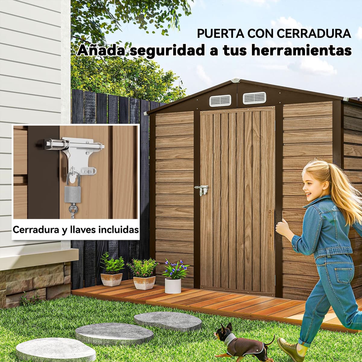 Outsunny Caseta de Jardín Exterior, 2,27 m² 190x131x188 cm, Cobertizo de Jardín Exterior Metálico con 2 Ventilaciones, Puerta con Cerradura, para Almacenamiento de Herramientas, Roble — view 5