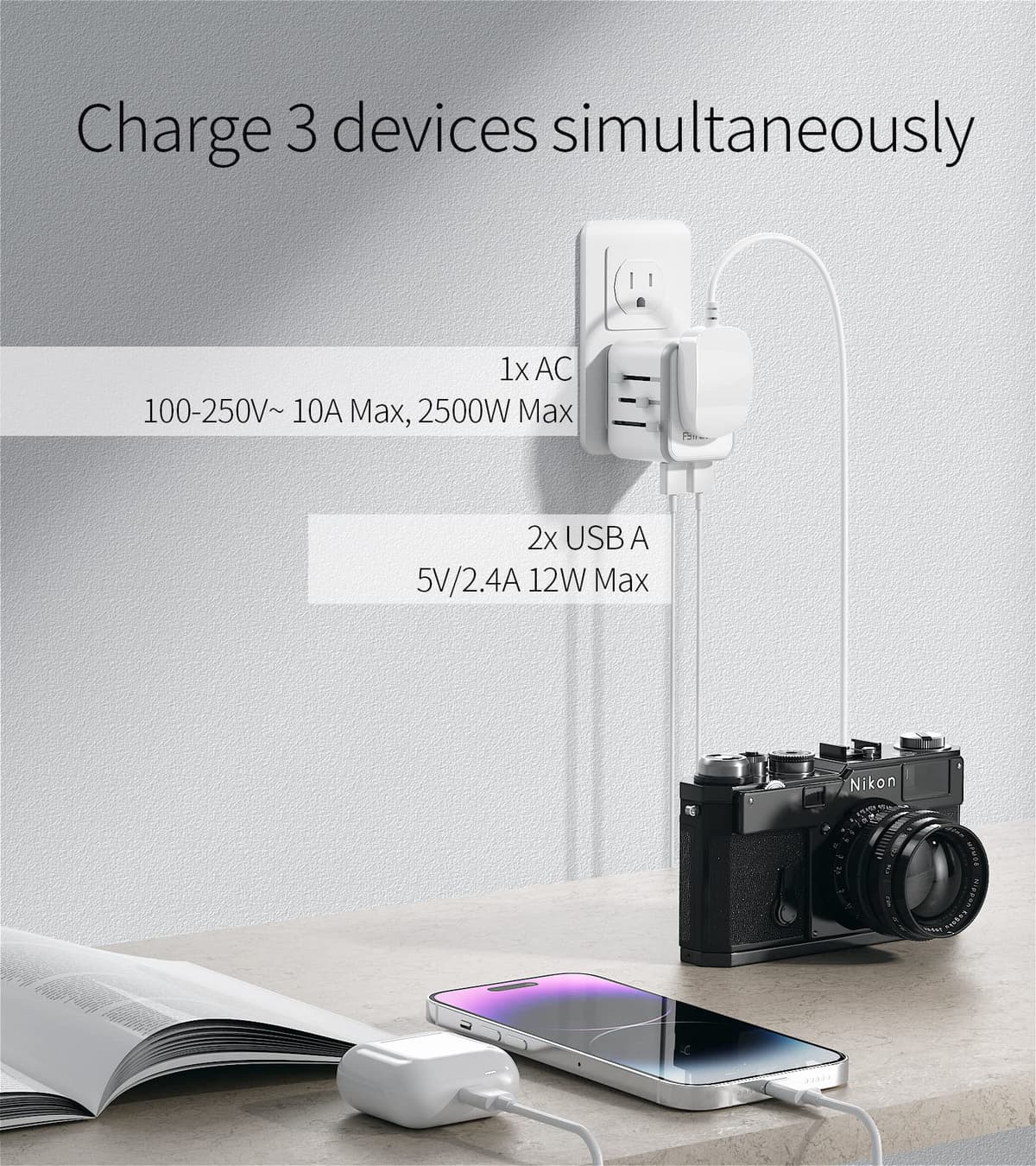 Worldwide Travel Adapter with USB, FSTravelP Universal Plug Adapter with 2 USB & International AC Socket, Dual 10A Fuses, All In One Travel Plug Adapter Worldwide for USA UK EU AU CN 150+ Countries — view 3