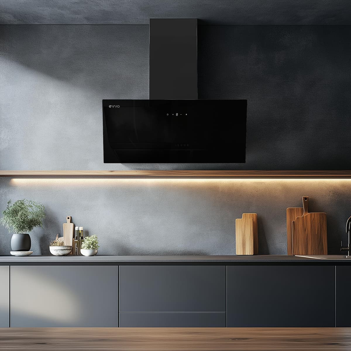 EVVO Campana Extractora 90 cm Decorativa, Potencia 650 m³/h, Filtro de Carbono Activo y de Alumino 5 Capas, 3 Velocidades, 2 luces LED, Eficiencia energética A (CE45 Cristal Black) — view 2